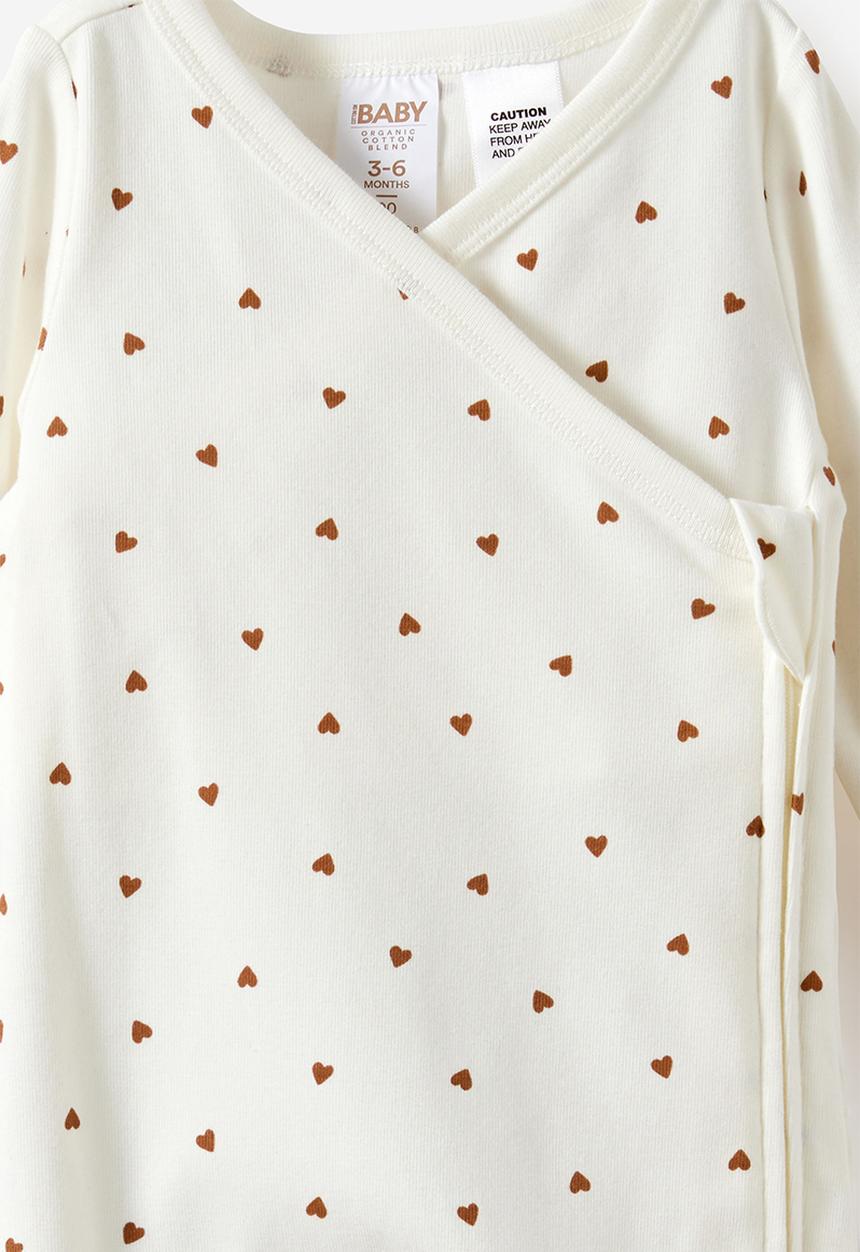 Cotton On - Organic Cross Over Zip Romper - Milk/Little Love Hearts
