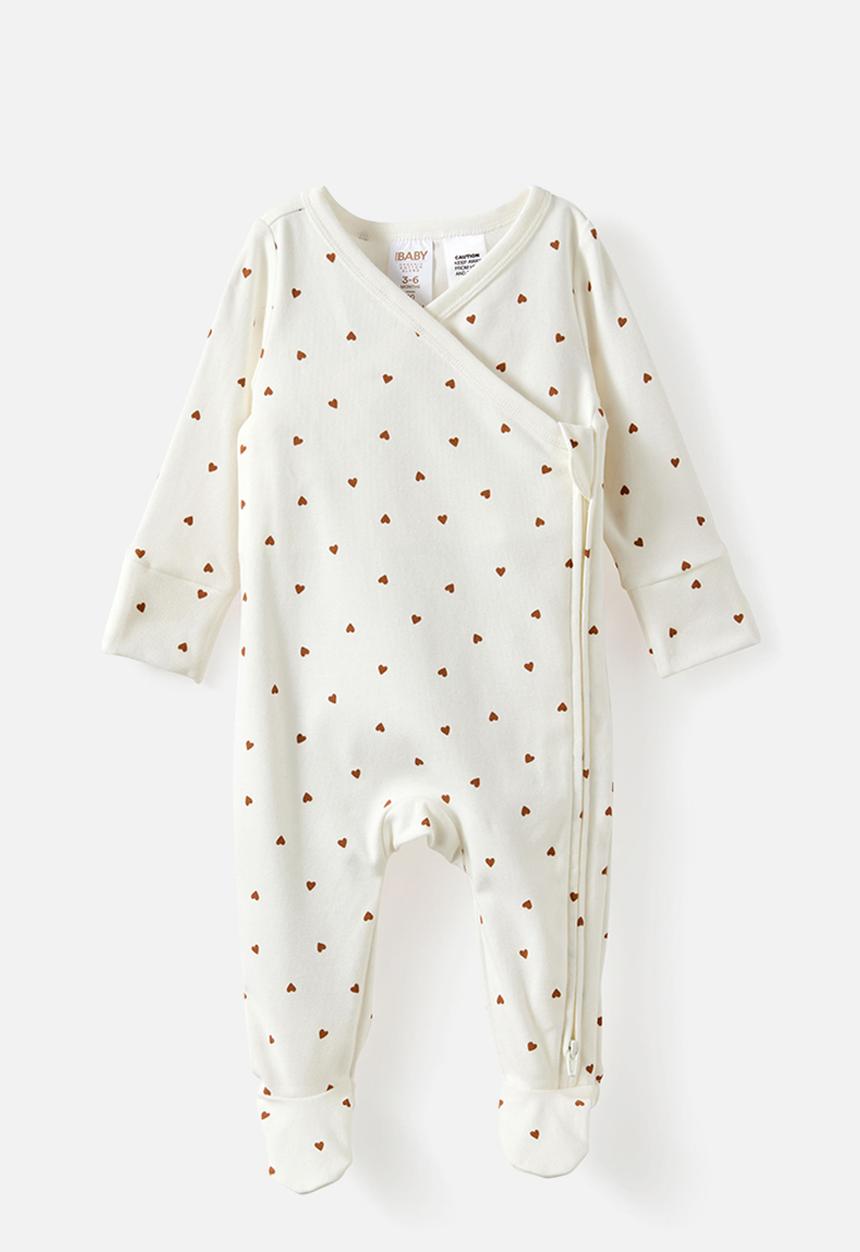 Cotton On - Organic Cross Over Zip Romper - Milk/Little Love Hearts