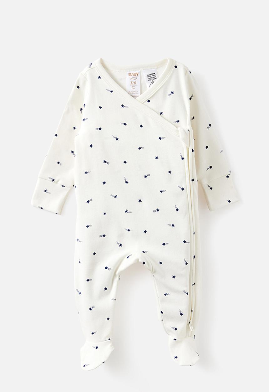 Cotton On - Organic Cross Over Zip Romper - Milk/Shooting Stars