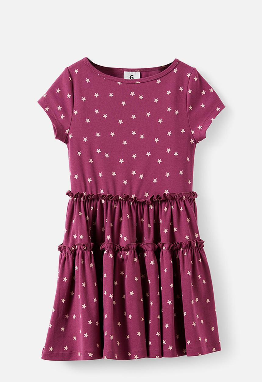 Cotton On - Boat Neck Short Sleeve Dress - Berry Jam/Star