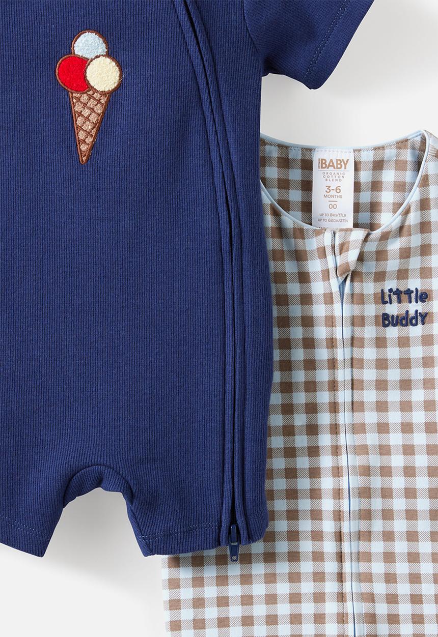 Cotton On - 2 Pack Growie Short Sleeve Zip Romper - Oatmilk/Little Buddy & Denim Navy/Gelato