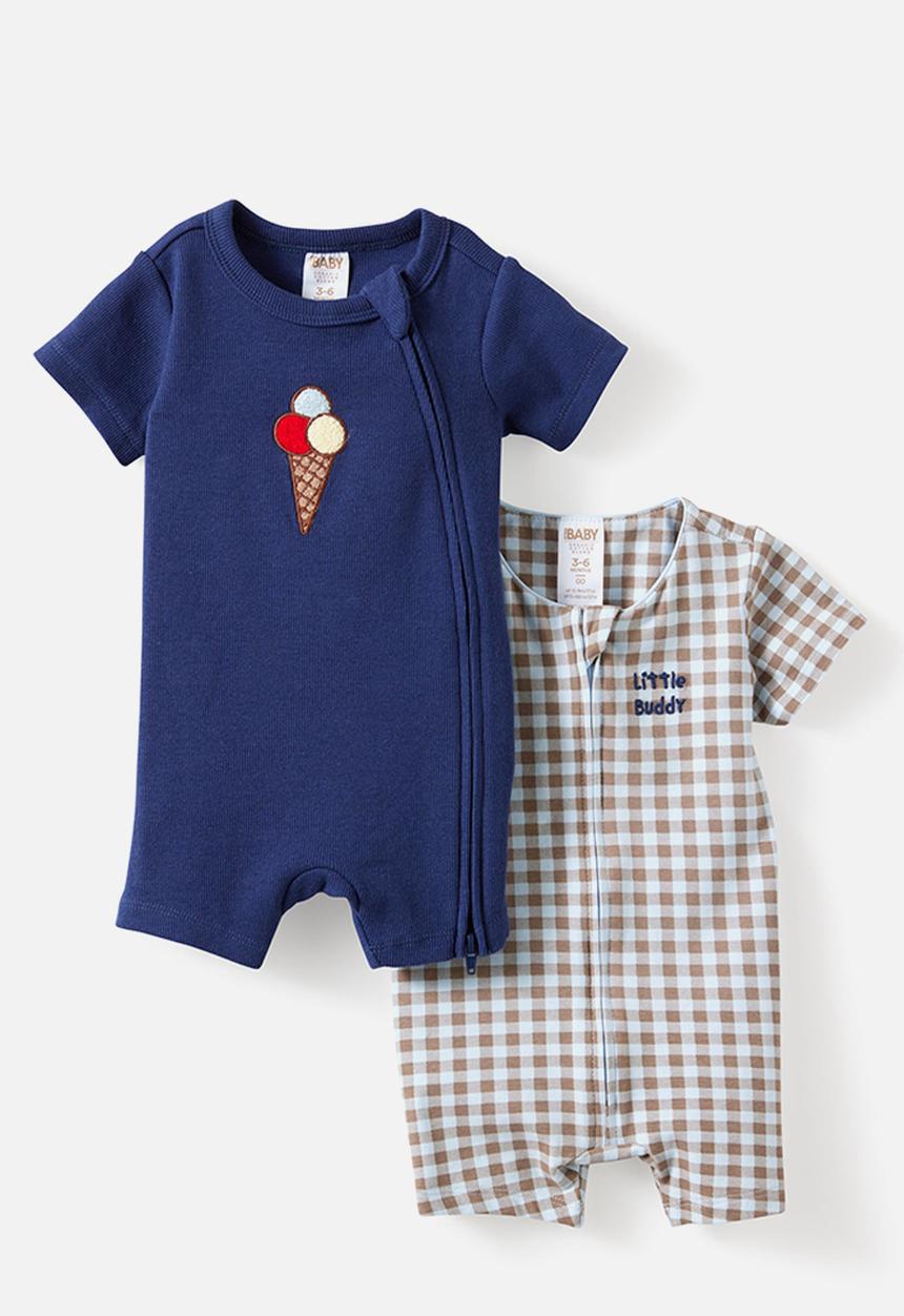Cotton On - 2 Pack Growie Short Sleeve Zip Romper - Oatmilk/Little Buddy & Denim Navy/Gelato