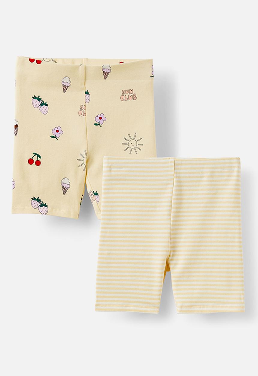 Cotton On - 2 Pack Essential Bike Short - Butter Yelow/Stripe & Butter Yellow/Summer Y