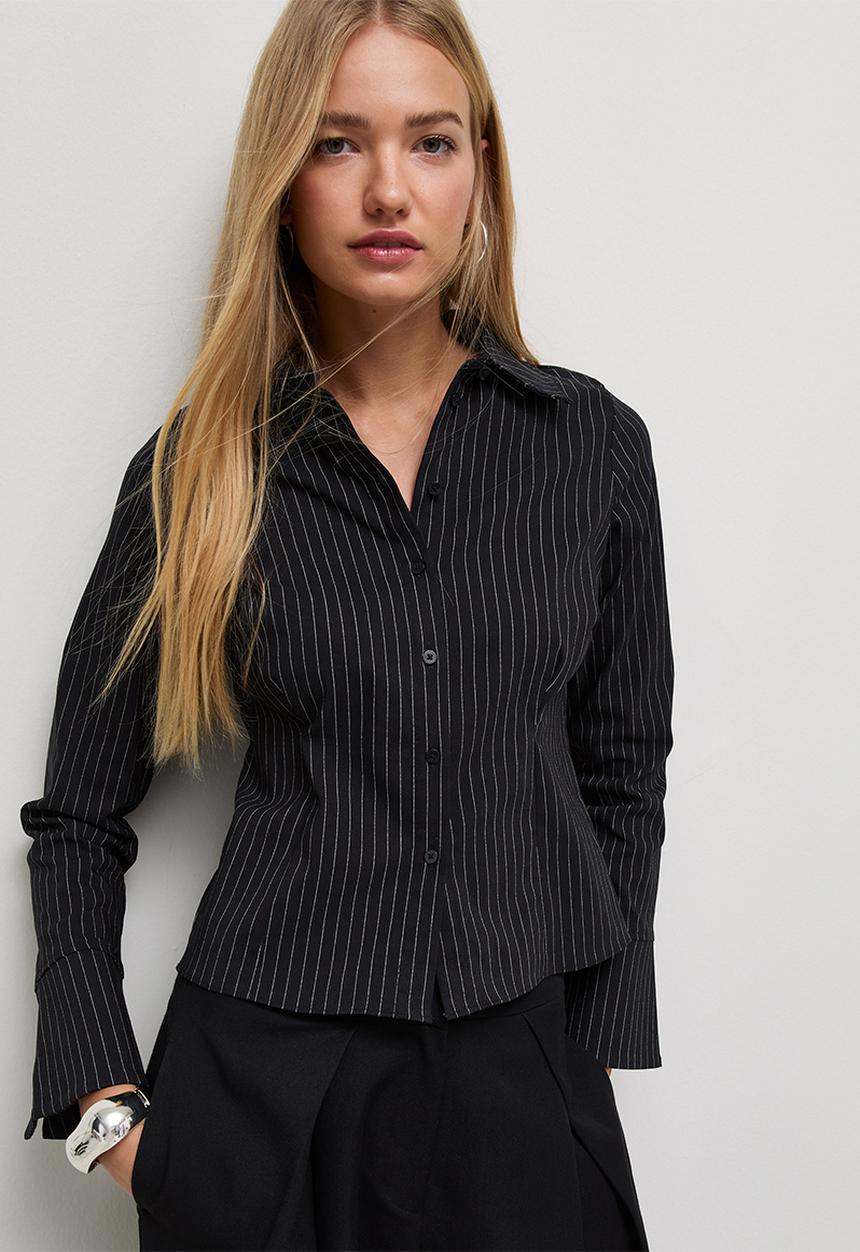 New Look - Beth Bengaline Stripe Fitted Shirt - Black With Cream Stripe