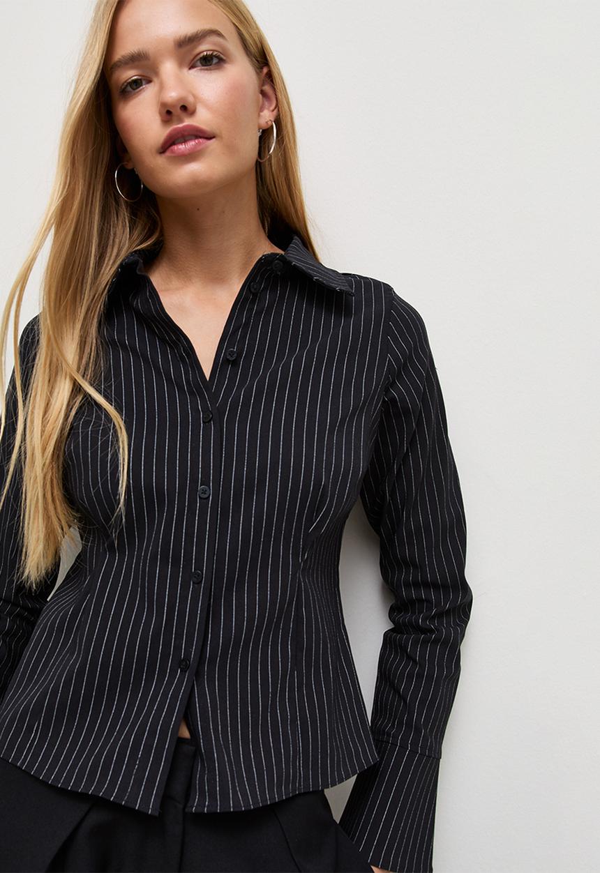 New Look - Beth Bengaline Stripe Fitted Shirt - Black With Cream Stripe