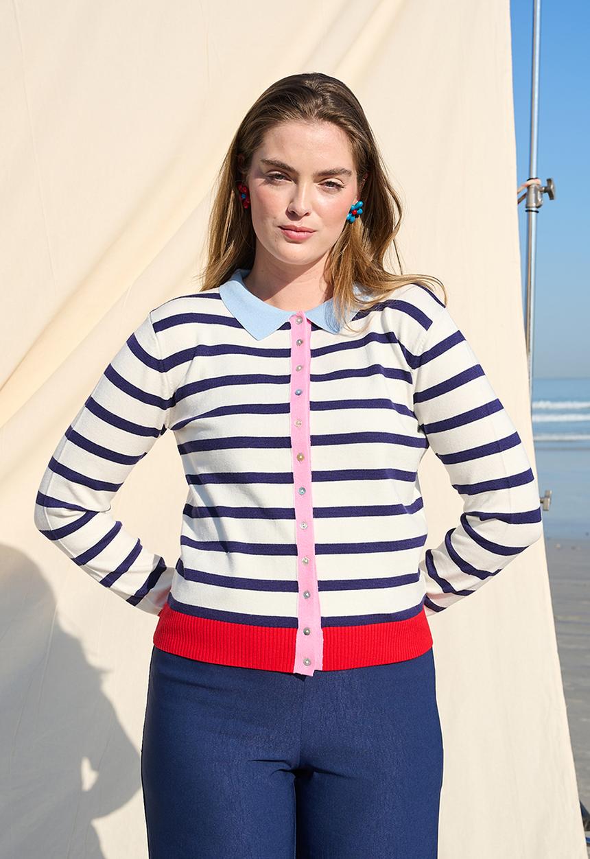 Me&B - Colourblock Stripe Collar Cardigan - White Stripe