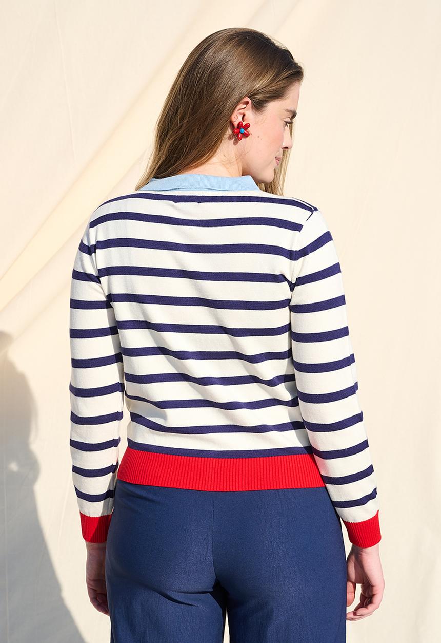 Me&B - Colourblock Stripe Collar Cardigan - White Stripe