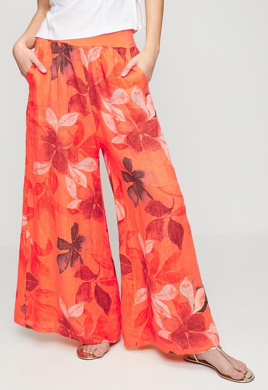 Izabel London - Made In Italy 100% Printed Linen Flare Leg Pant With Elastic At Waist - Orange