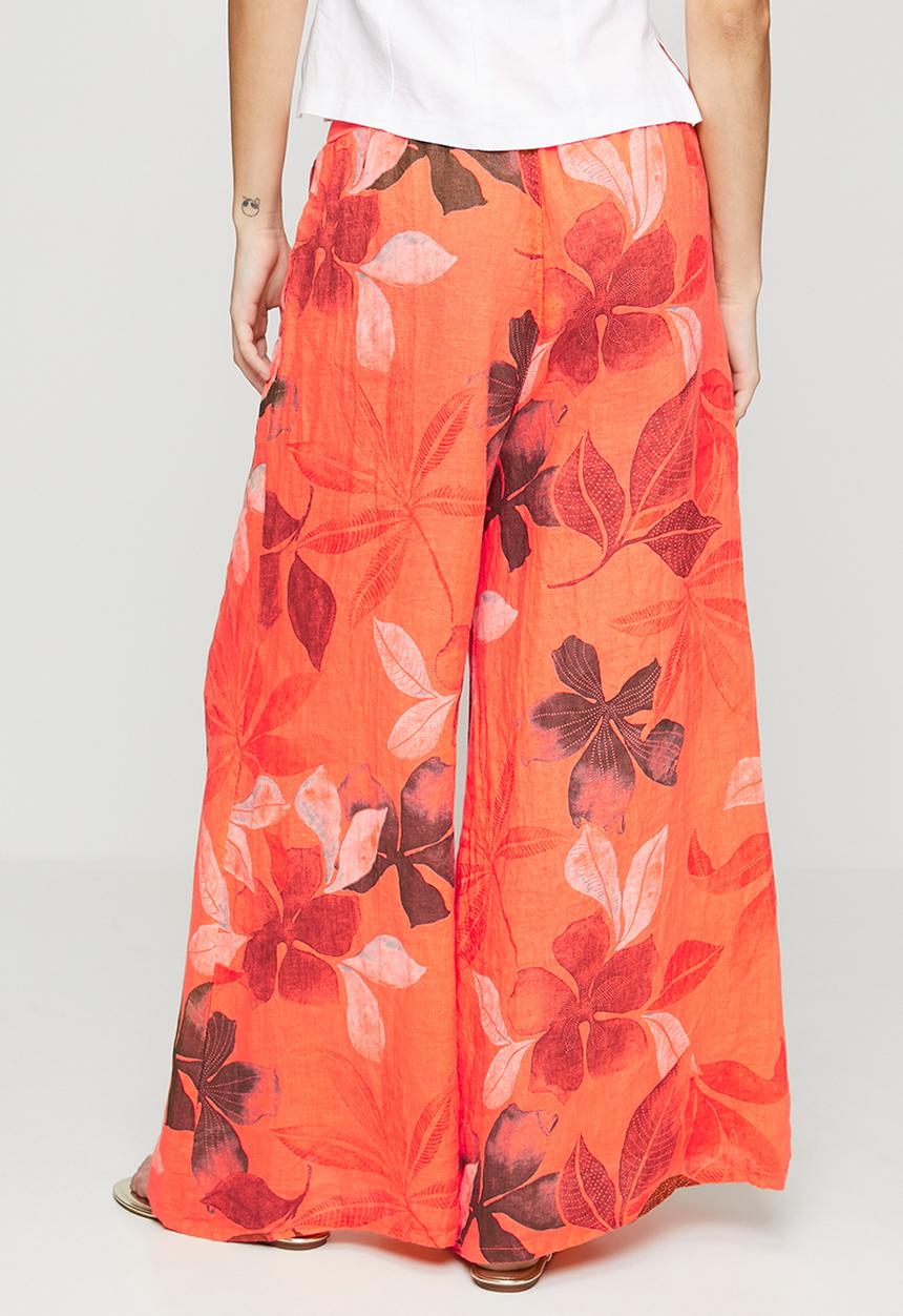 Izabel London - Made In Italy 100% Printed Linen Flare Leg Pant With Elastic At Waist - Orange