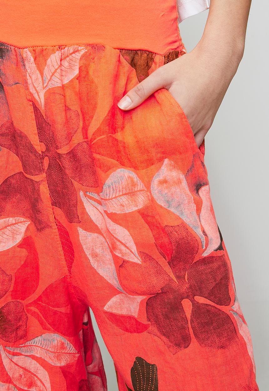 Izabel London - Made In Italy 100% Printed Linen Flare Leg Pant With Elastic At Waist - Orange
