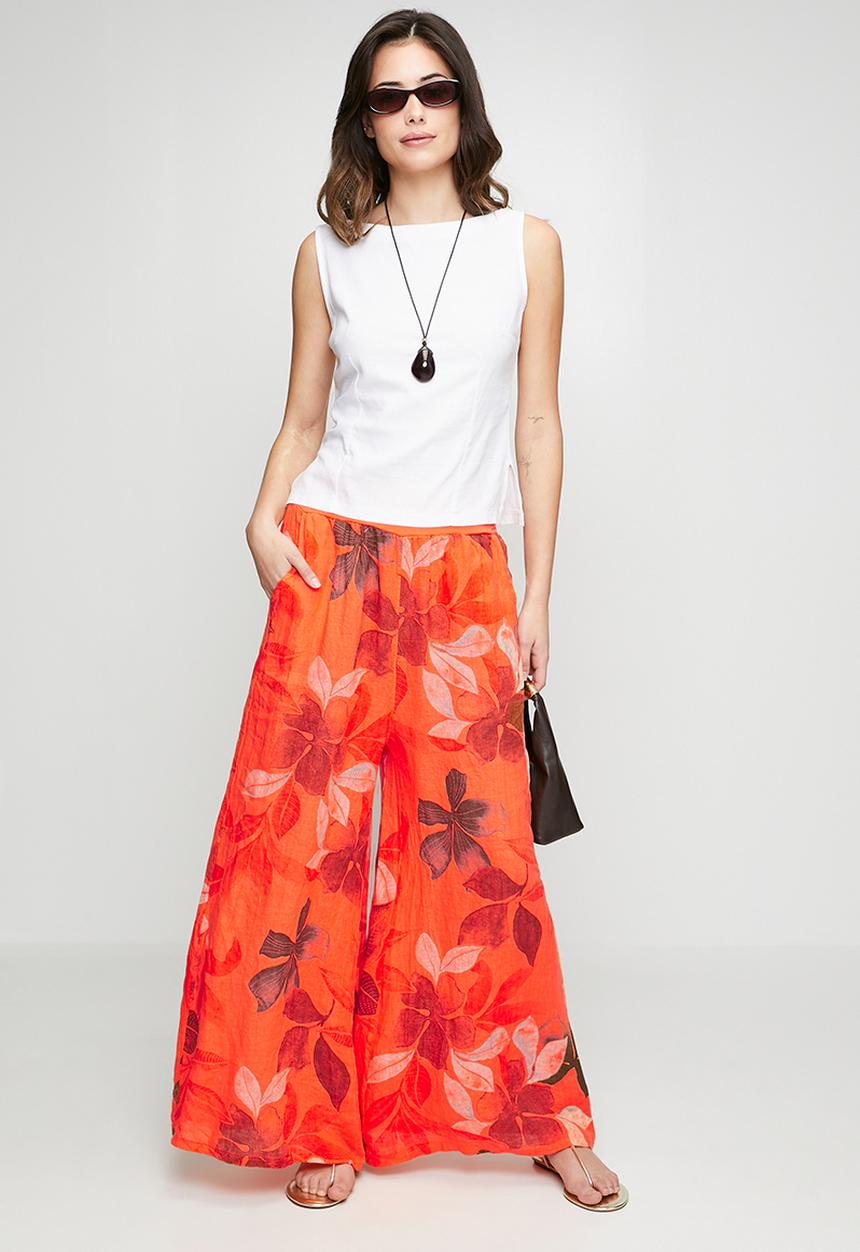 Izabel London - Made In Italy 100% Printed Linen Flare Leg Pant With Elastic At Waist - Orange