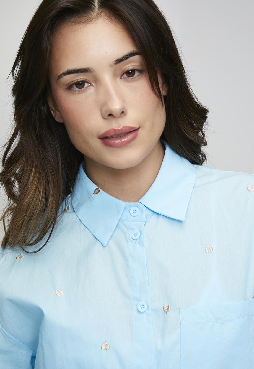 Stella Morgan - L/S Button Through All Over Heart Embroidery Shirt - Pale Blue