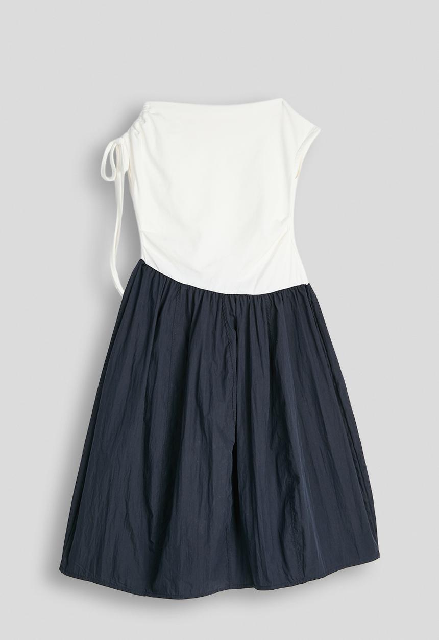 Pop Candy - Ruched shoulder top combo dress - white & navy