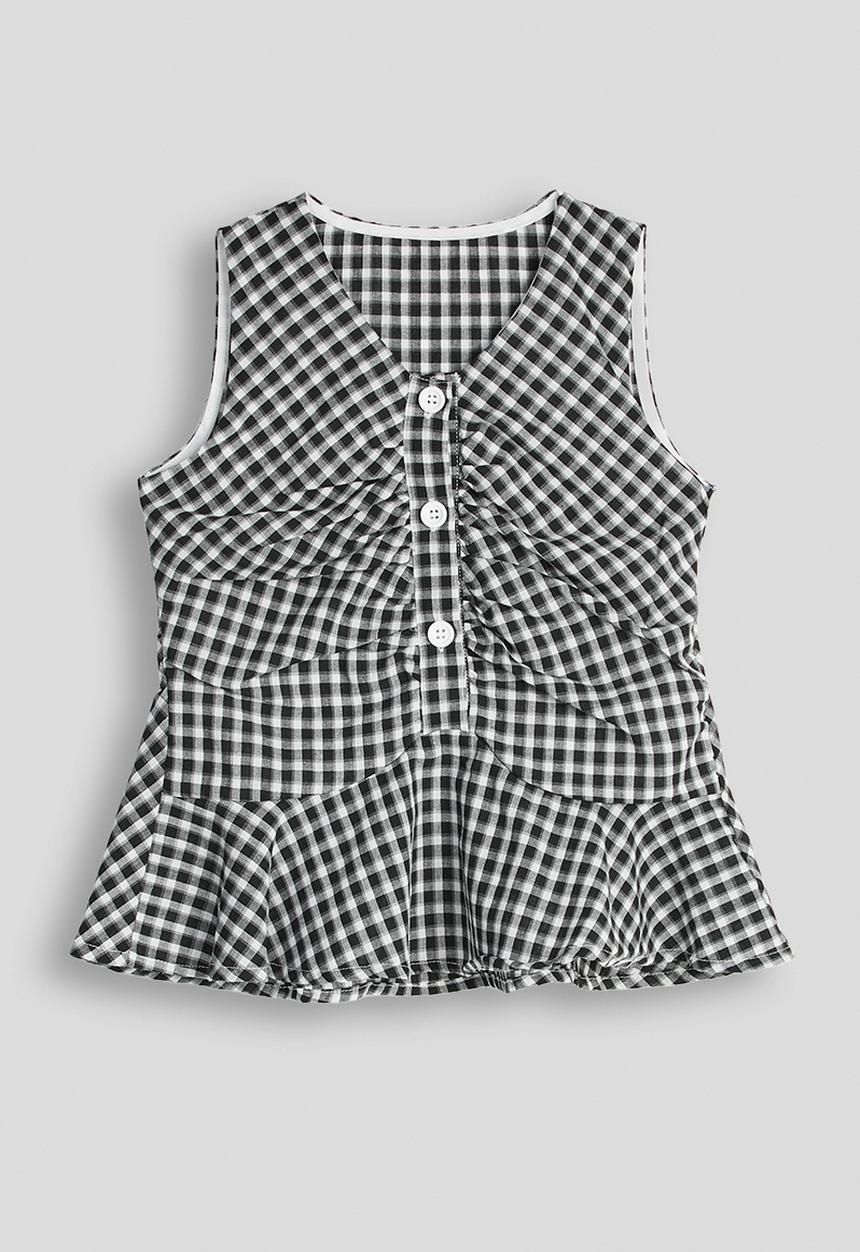 Pop Candy - Gingham front ruched top with mock button closure - black