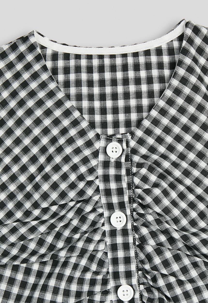 Pop Candy - Gingham front ruched top with mock button closure - black