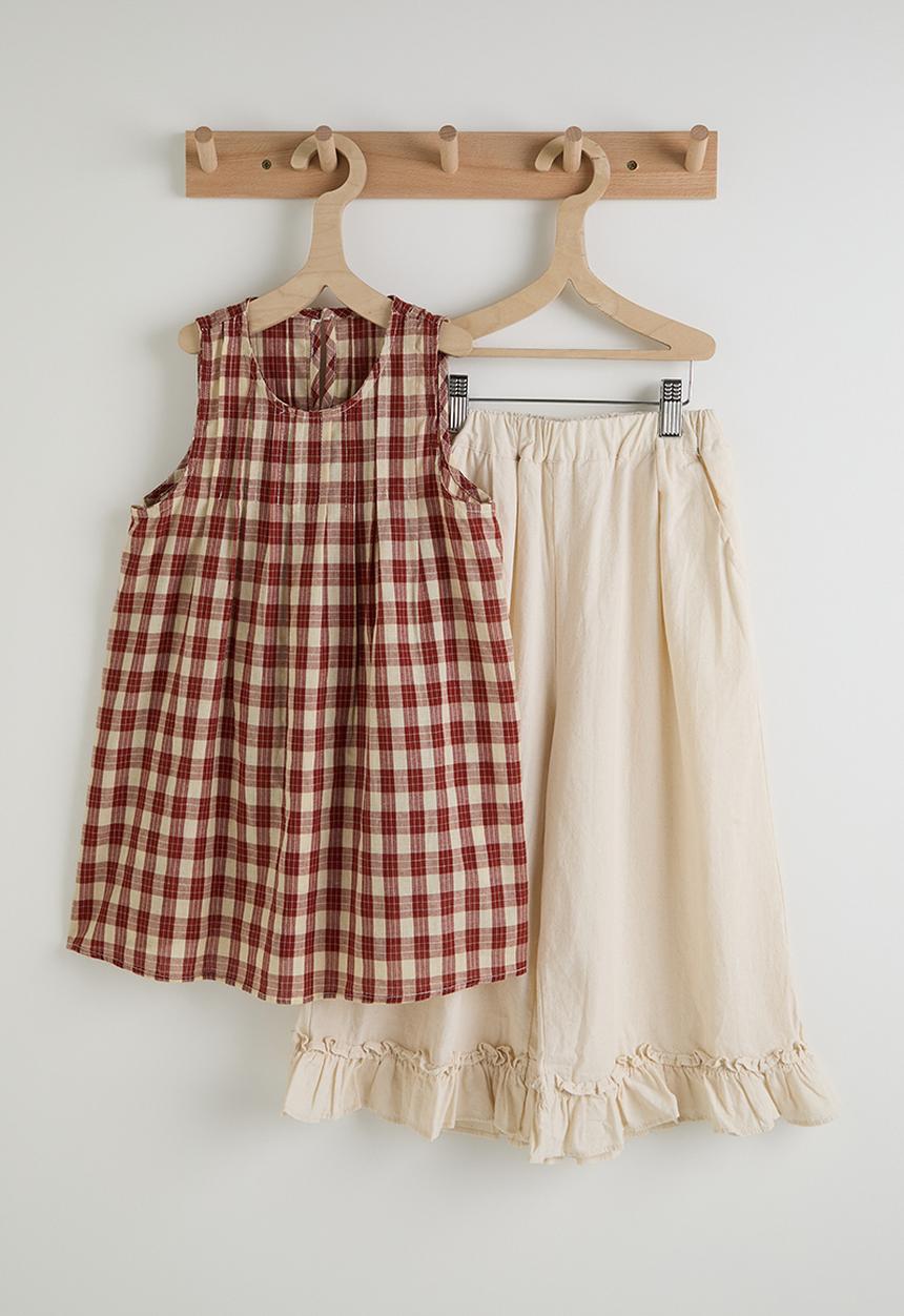 Pop Candy - Gingham a-line blouse with frilled hem pants - red/off white