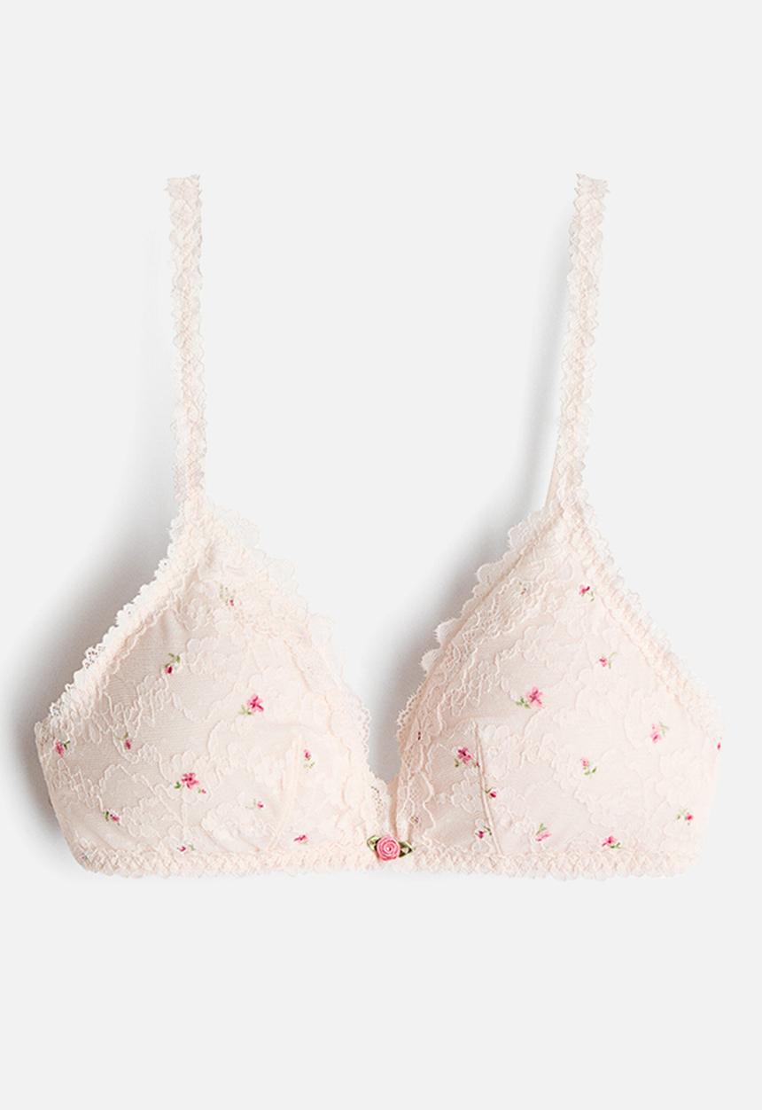 H&M - Padded soft lace bra - powder pink/floral