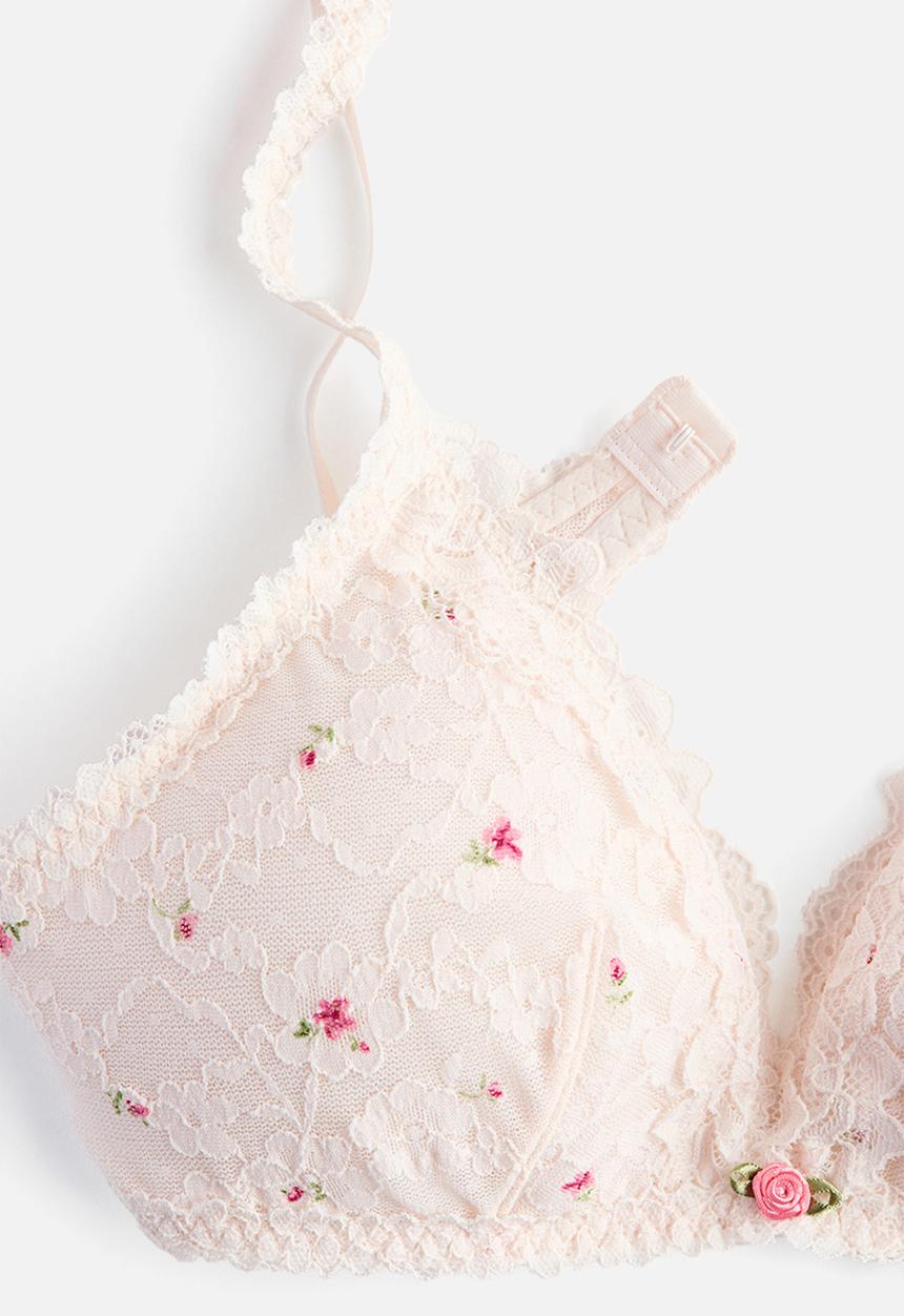 H&M - Padded soft lace bra - powder pink/floral