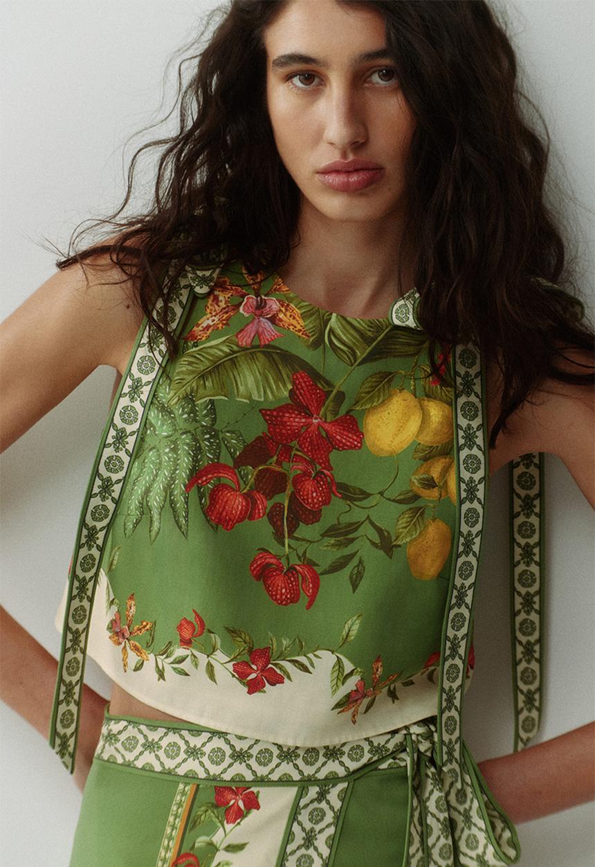 H&M - Tie-strap cropped top - green/flowers