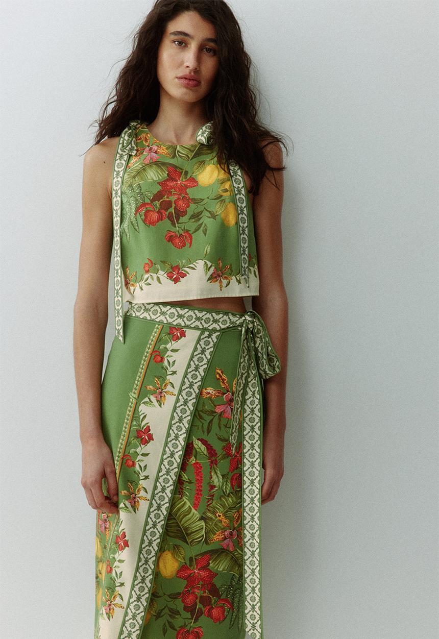 H&M - Tie-strap cropped top - green/flowers