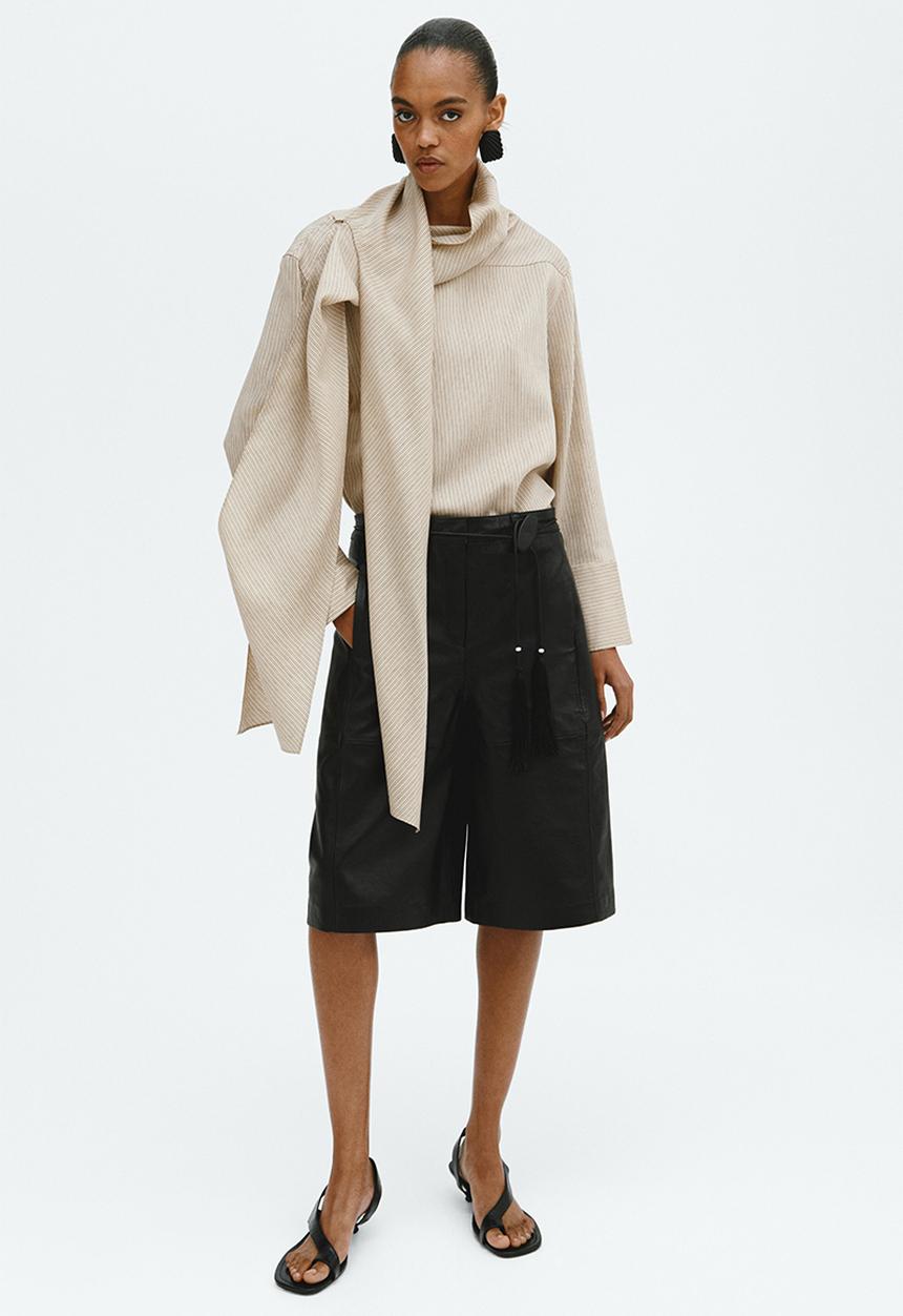 H&M - Linen-blend scarf-collar blouse - beige/striped