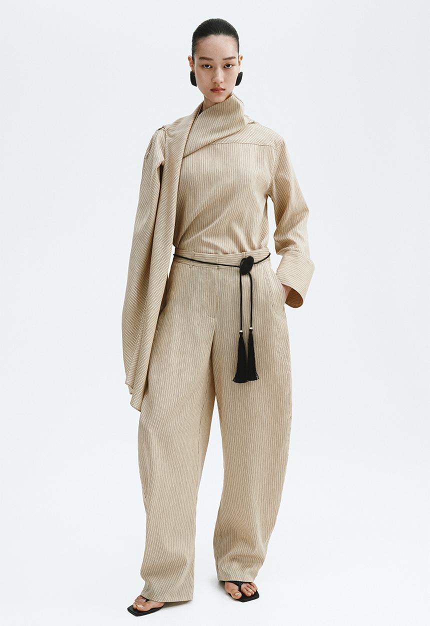 H&M - Linen-blend barrel trousers - beige/striped