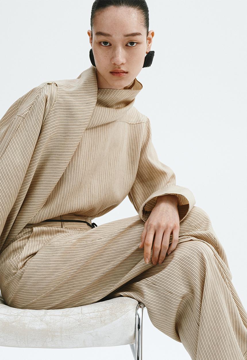 H&M - Linen-blend barrel trousers - beige/striped