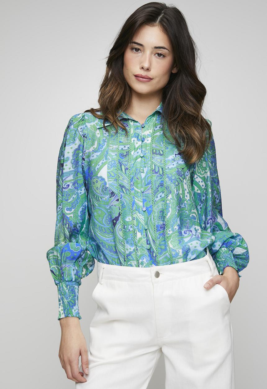 Stella Morgan - 3/4 Elasticated Cuff Button Through Sheer Printed Blouse With Lace Trim On Front - Jade