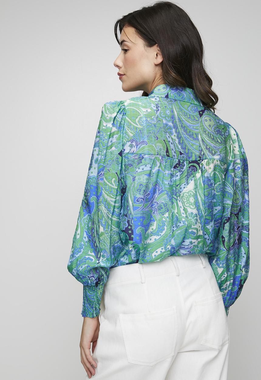 Stella Morgan - 3/4 Elasticated Cuff Button Through Sheer Printed Blouse With Lace Trim On Front - Jade