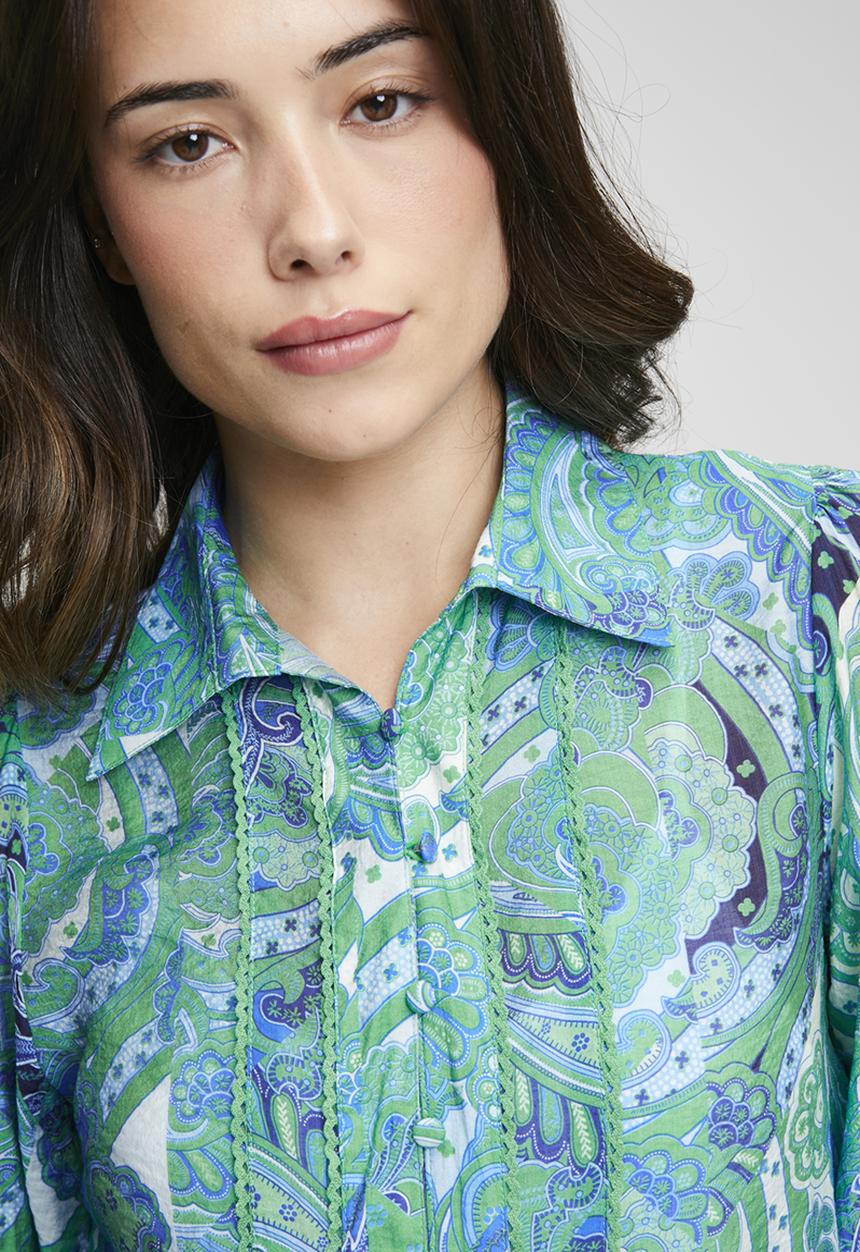 Stella Morgan - 3/4 Elasticated Cuff Button Through Sheer Printed Blouse With Lace Trim On Front - Jade