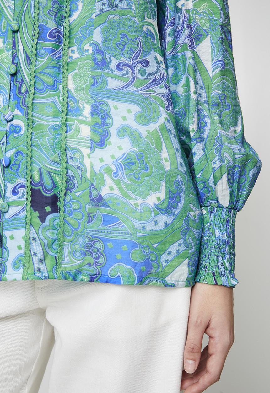 Stella Morgan - 3/4 Elasticated Cuff Button Through Sheer Printed Blouse With Lace Trim On Front - Jade