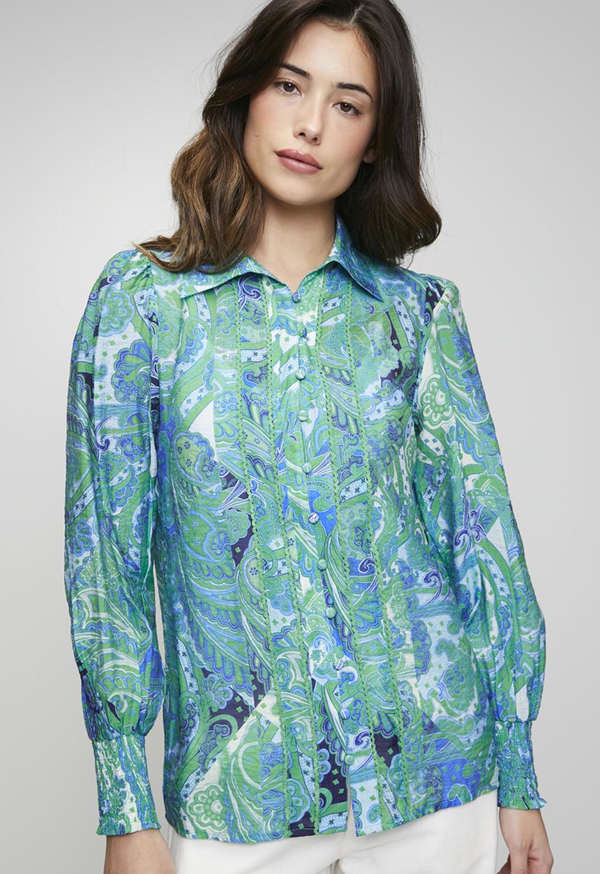 Stella Morgan - 3/4 Elasticated Cuff Button Through Sheer Printed Blouse With Lace Trim On Front - Jade