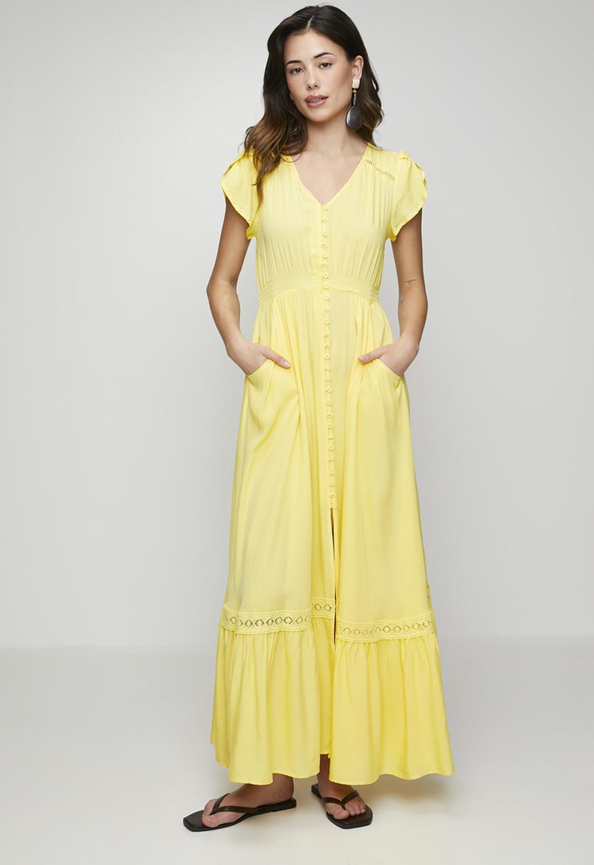 Stella Morgan - Cap Sleeve With Flutter V-Neck Button Through Maxi Plain Colour Maxi Dress With Ladder Lace Trim - Yellow