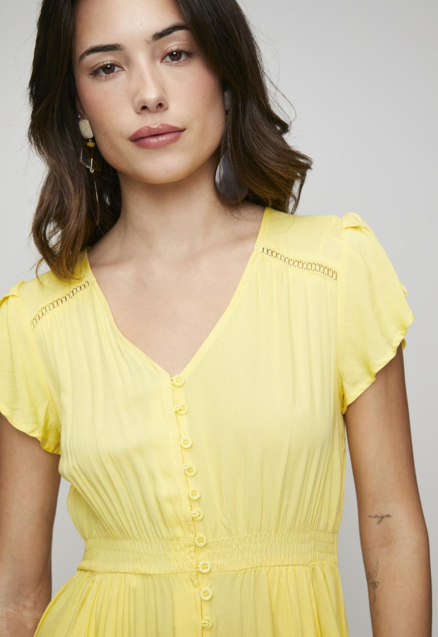 Stella Morgan - Cap Sleeve With Flutter V-Neck Button Through Maxi Plain Colour Maxi Dress With Ladder Lace Trim - Yellow