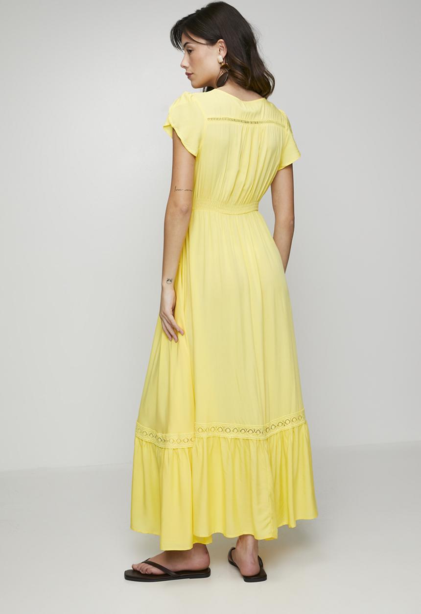 Stella Morgan - Cap Sleeve With Flutter V-Neck Button Through Maxi Plain Colour Maxi Dress With Ladder Lace Trim - Yellow