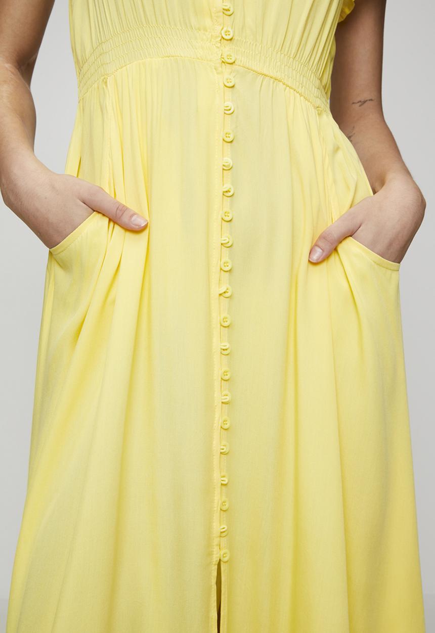 Stella Morgan - Cap Sleeve With Flutter V-Neck Button Through Maxi Plain Colour Maxi Dress With Ladder Lace Trim - Yellow