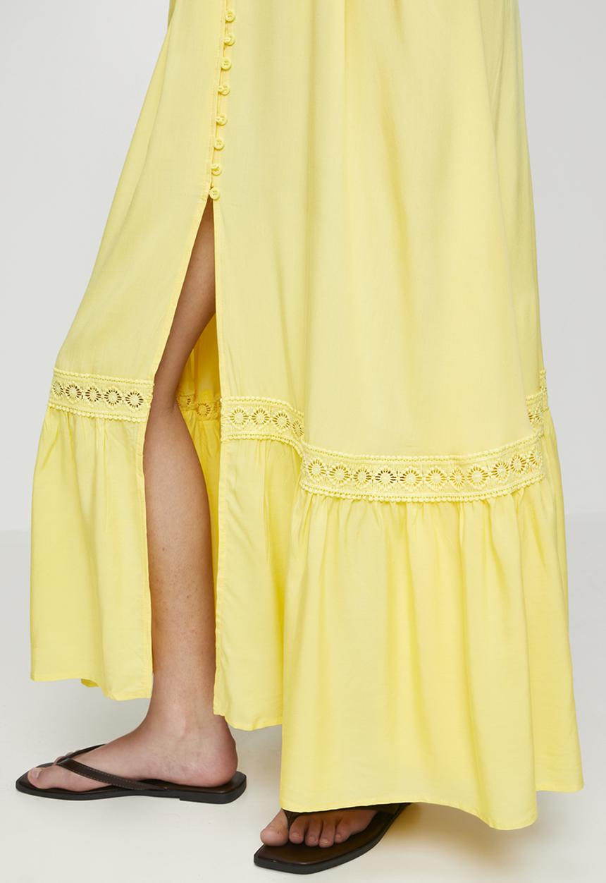Stella Morgan - Cap Sleeve With Flutter V-Neck Button Through Maxi Plain Colour Maxi Dress With Ladder Lace Trim - Yellow