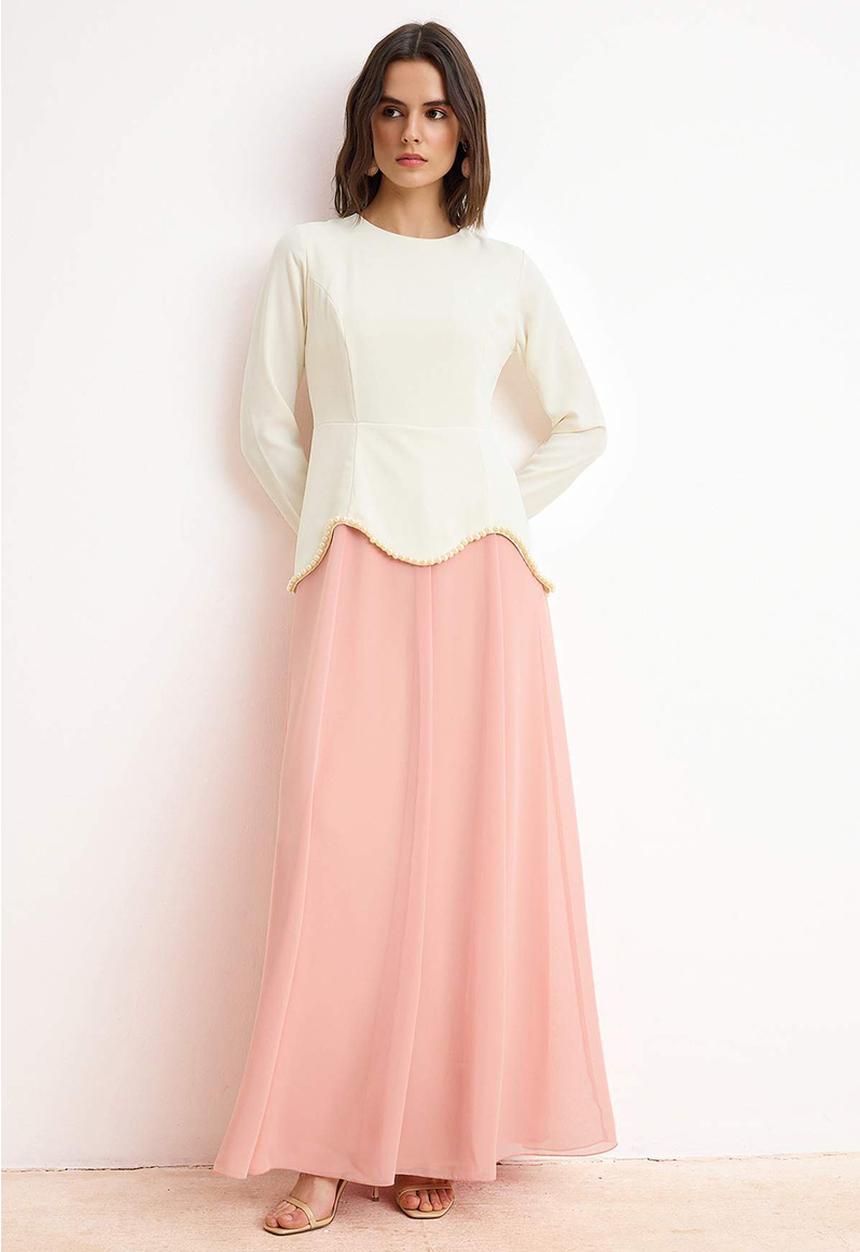 Trendyol - Pearl Detail One-Piece Evening Dress - Pink