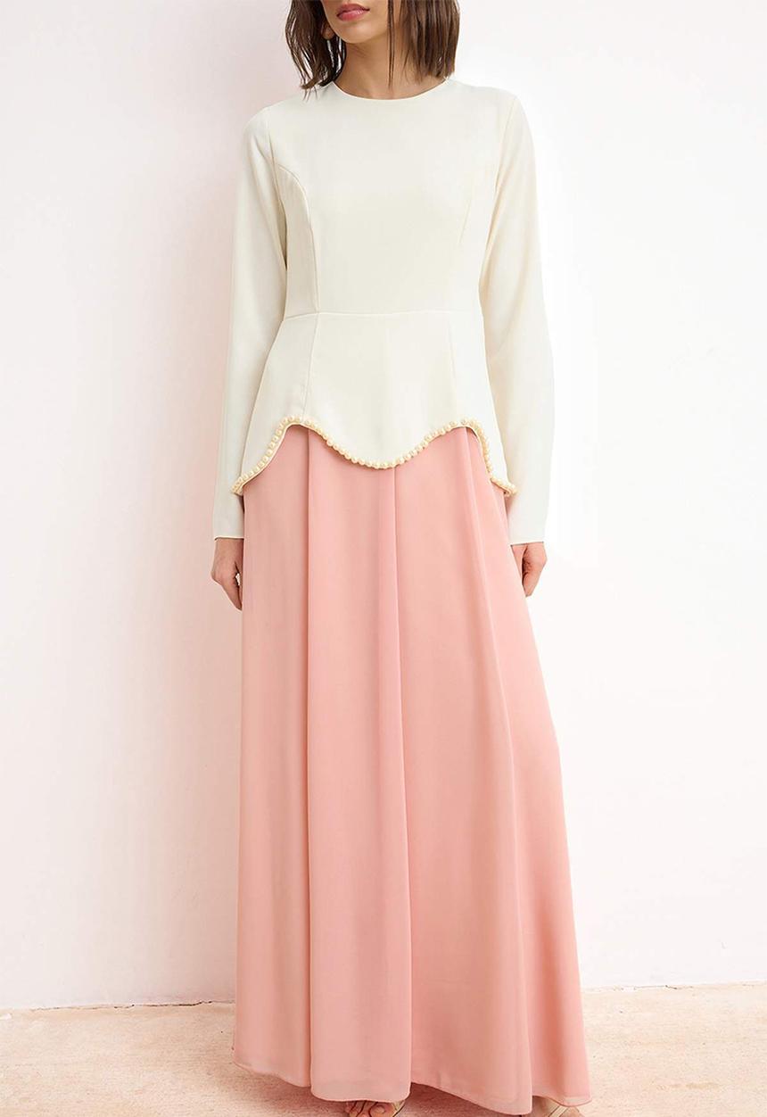 Trendyol - Pearl Detail One-Piece Evening Dress - Pink