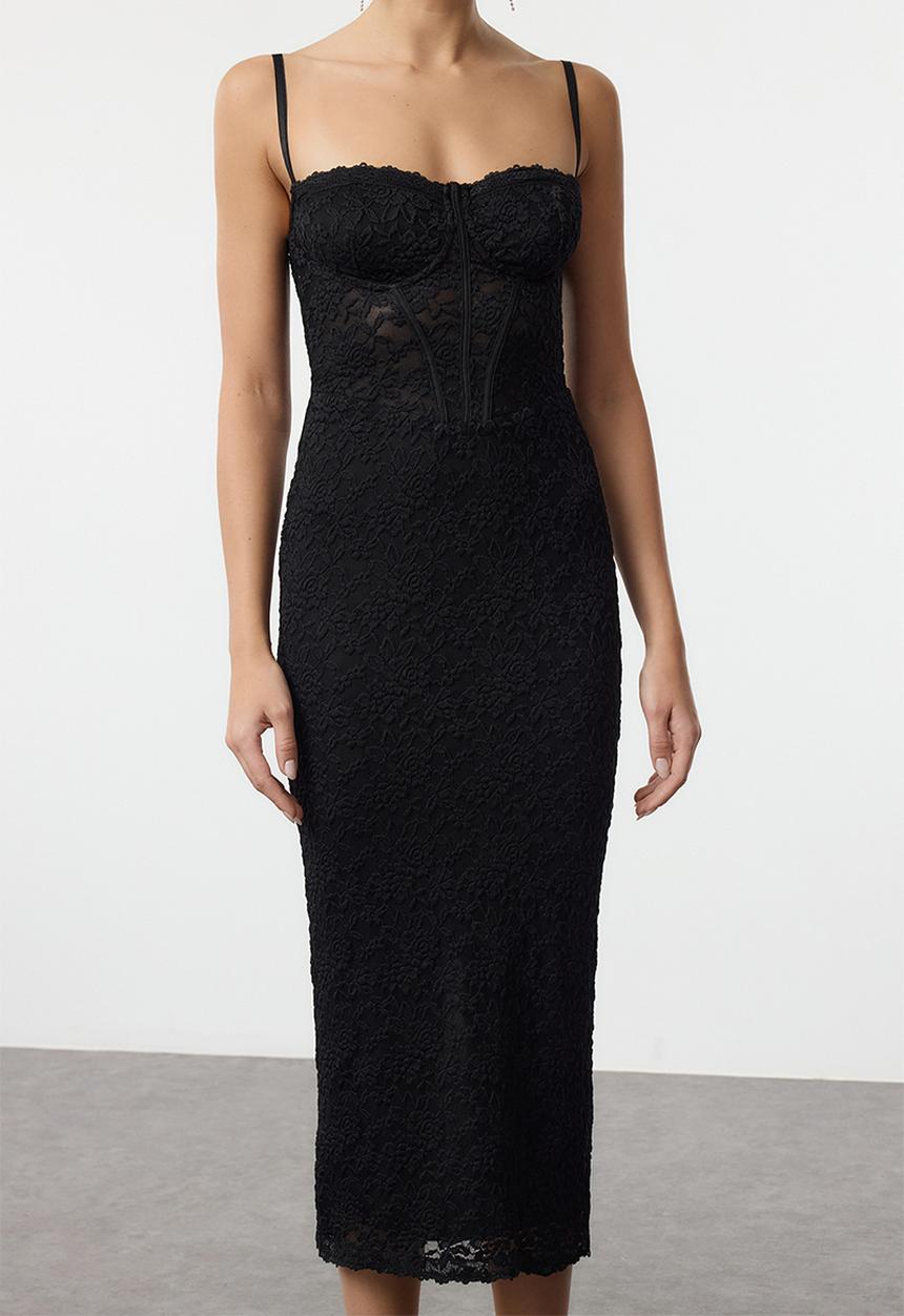 Trendyol - Lace Detail Lined Knit Midi Evening Dress - Black