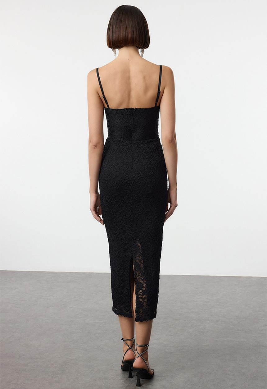 Trendyol - Lace Detail Lined Knit Midi Evening Dress - Black