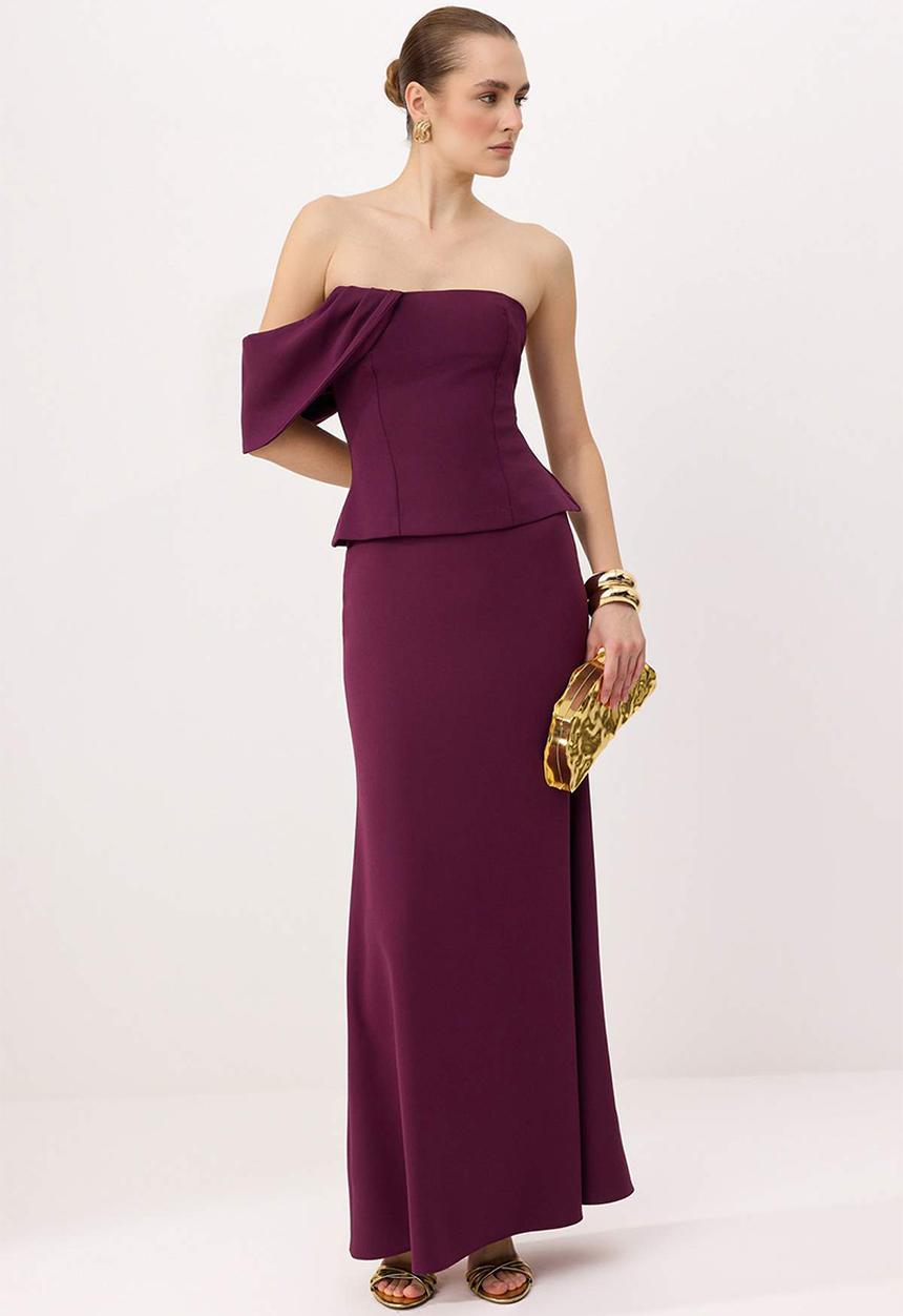 Trendyol - Strapless Straight-Cut Maxi Evening Dress - Plum
