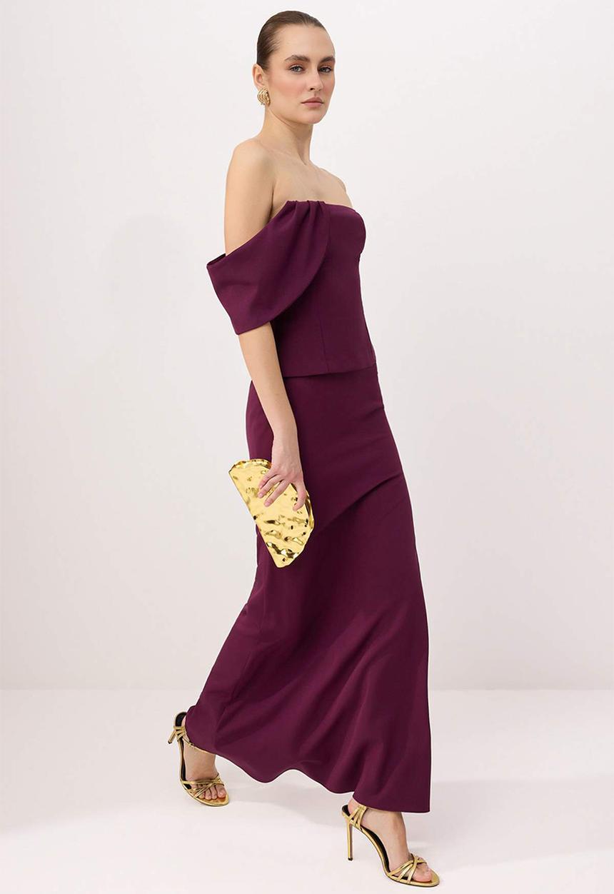 Trendyol - Strapless Straight-Cut Maxi Evening Dress - Plum
