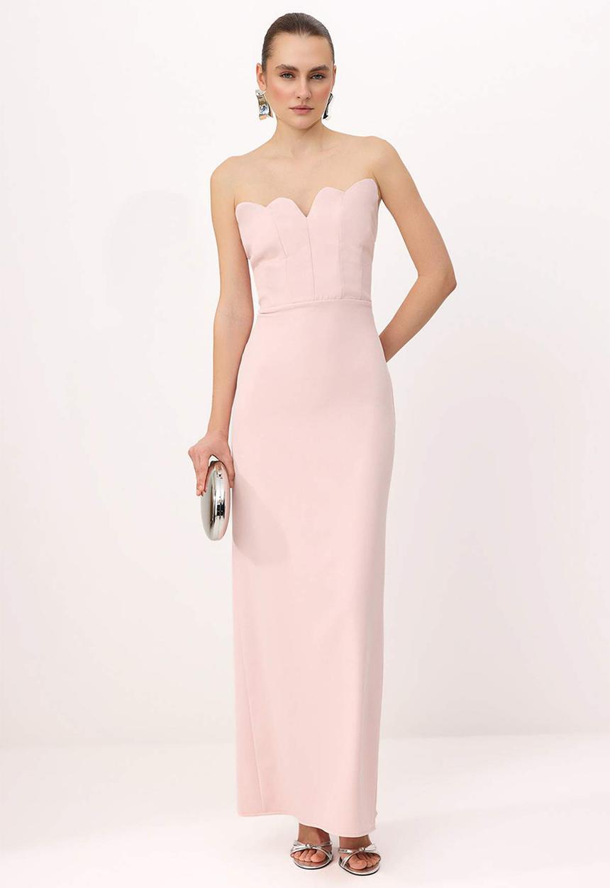Trendyol - Strapless Straight-Cut Maxi Evening Dress - Powder