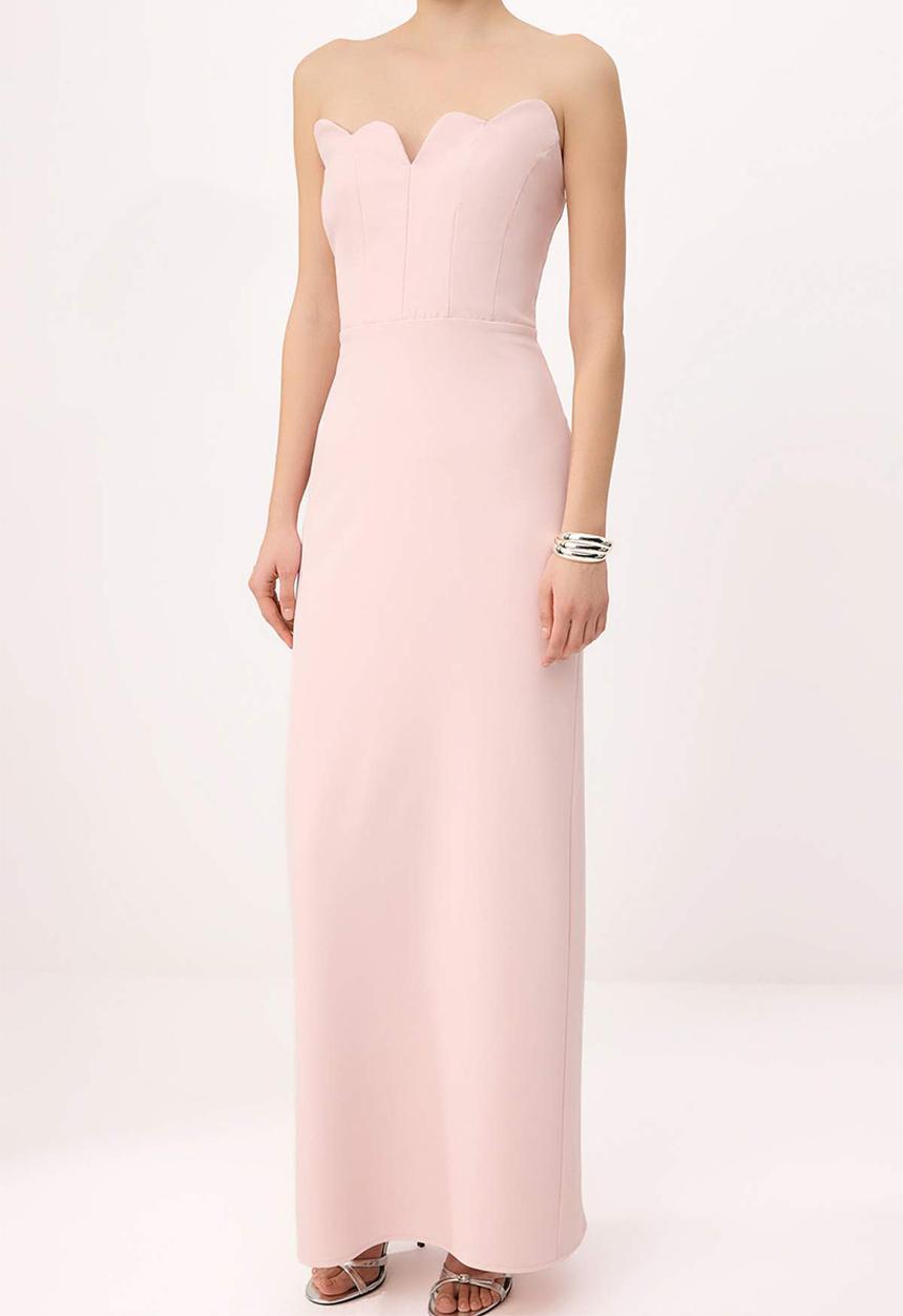 Trendyol - Strapless Straight-Cut Maxi Evening Dress - Powder