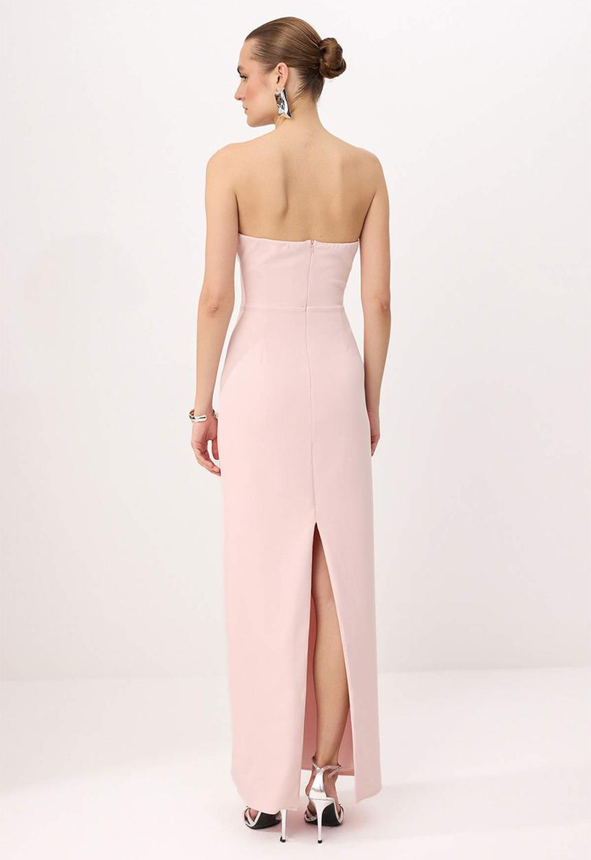 Trendyol - Strapless Straight-Cut Maxi Evening Dress - Powder