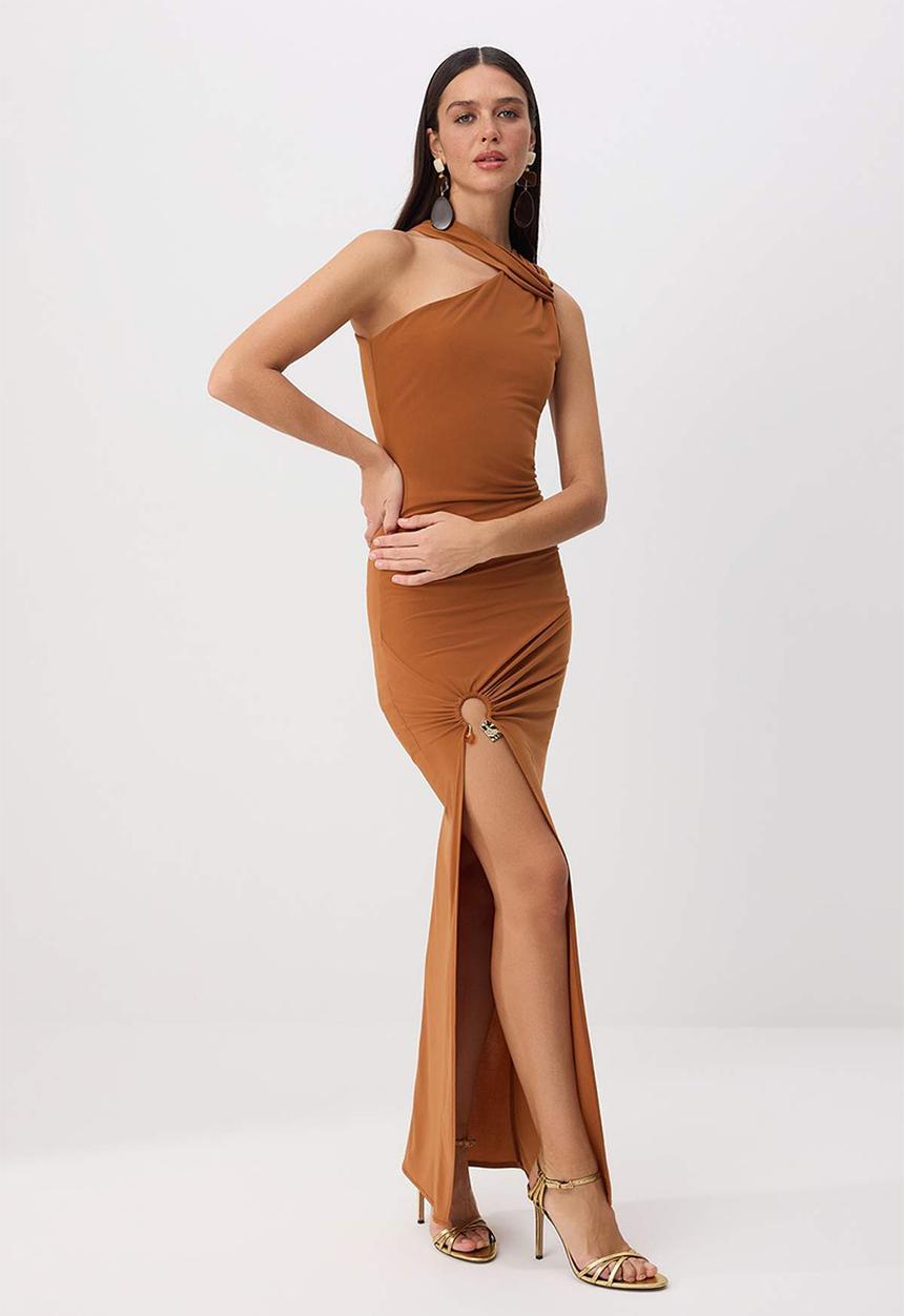 Trendyol - Accessory Detail Slit Maxi Evening Dress - Cinnamon
