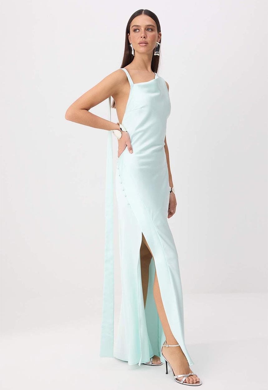 Trendyol - Button Detail Satin Maxi Evening Dress - Mint