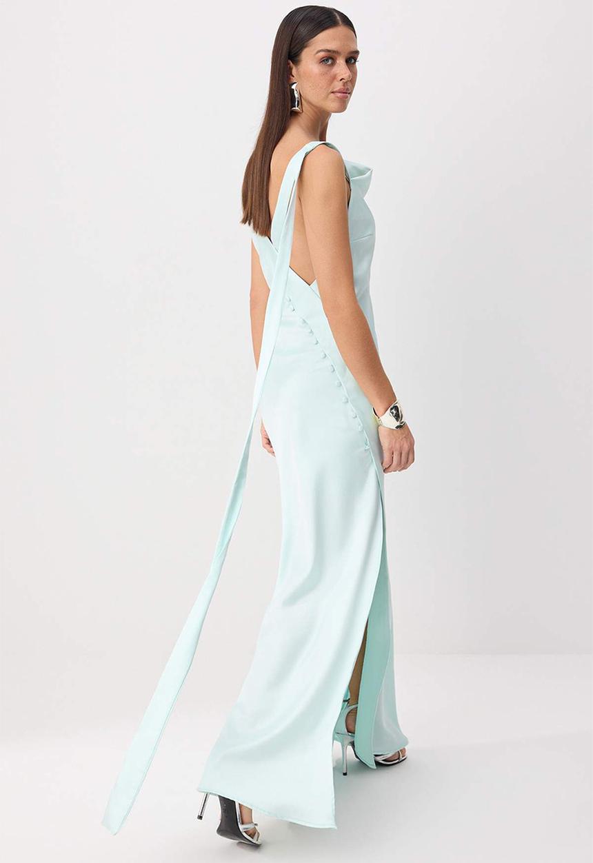 Trendyol - Button Detail Satin Maxi Evening Dress - Mint