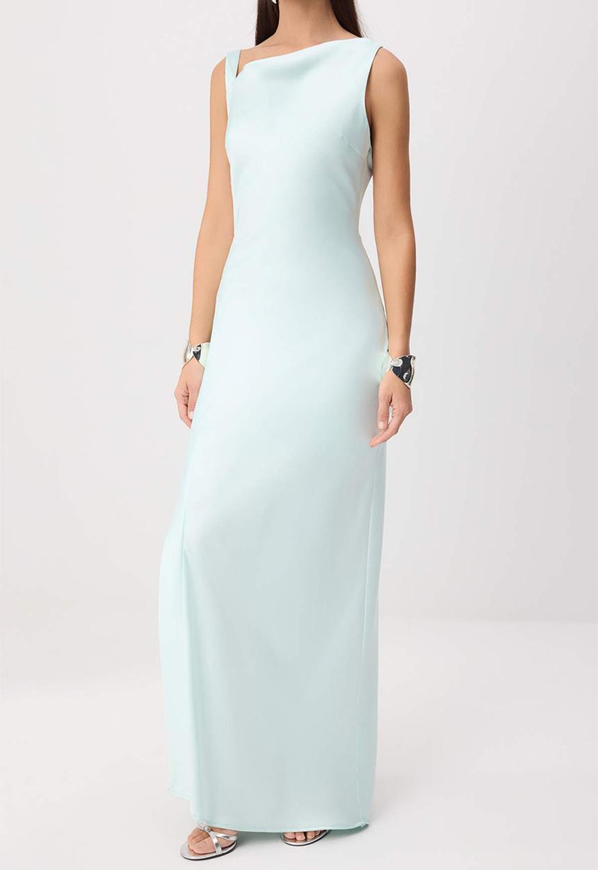 Trendyol - Button Detail Satin Maxi Evening Dress - Mint